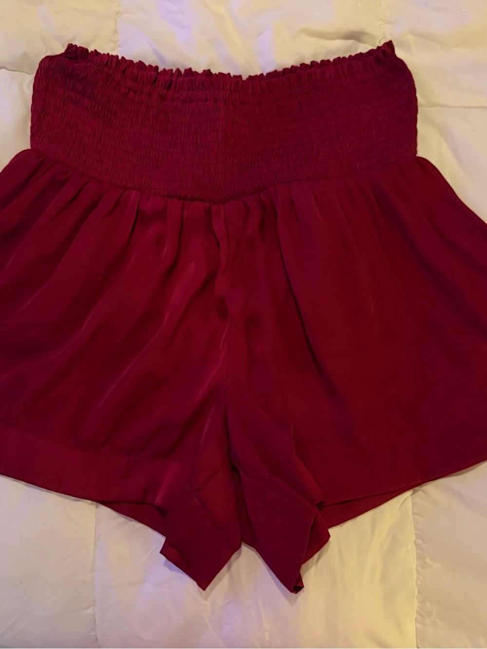 TCEC Smocked High-Waist Wine Red Flowy Women’s Shorts - Picture 2 of 7